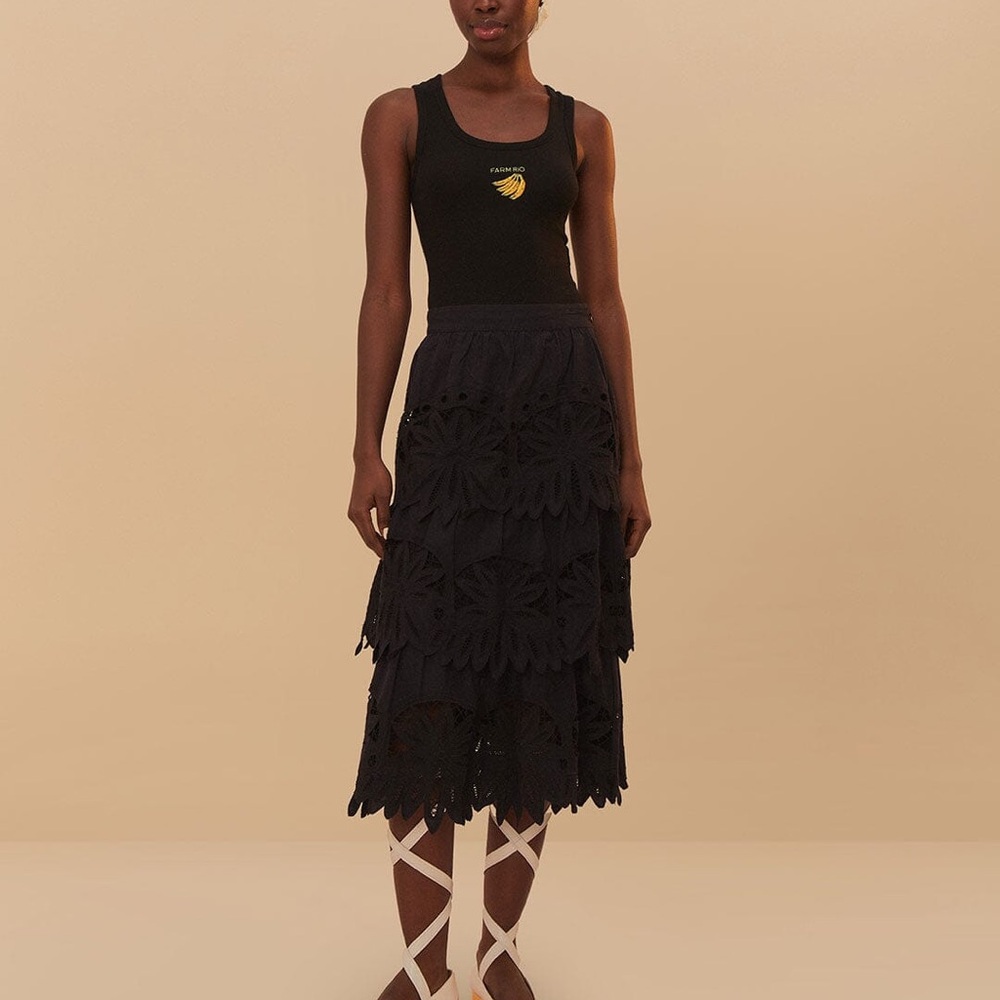 Black Daisy Embroidered Midi Skirt